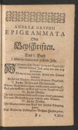 Andreae Gryphii Epigrammata Oder Beyschriften. Das I. Buch.