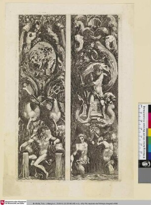 [Zwei Prospekte, rechts ein stehender Neptun; Sur le projet de gauche, Neptune debout sur une nacelle tirée par des tritons]