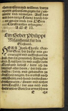Ein Gebet Philippi Melanthonis/ fur den Ehestand.