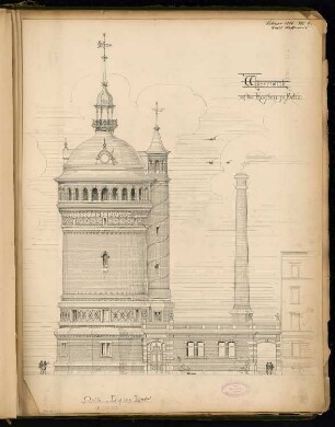Wasserhebewerk auf dem Kreuzberg, Berlin Monatskonkurrenz Februar 1886: Aufriss Straßenansicht (von Süden) 1:100