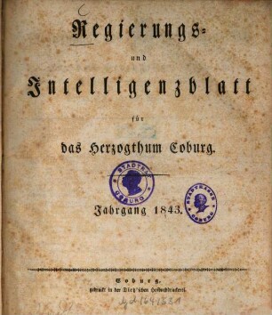 Regierungs- und Intelligenzblatt für das Herzogtum Coburg. 1843