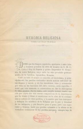 Memoria religiosa, sobre las Islas Filipinas