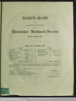 1872,28.Okt.: Geschäftsbericht an die außerordentliche Generalversammlung des Blasewitzer Waldpark-Vereins
