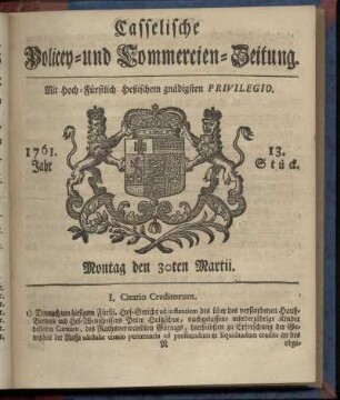 13. Stueck, Montag den 30ten Martii 1761
