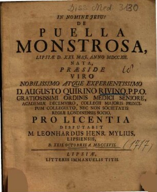 De Puella Monstrosa, Lipsiae D. XXI. Maj. Anno MDCCXII. Nata