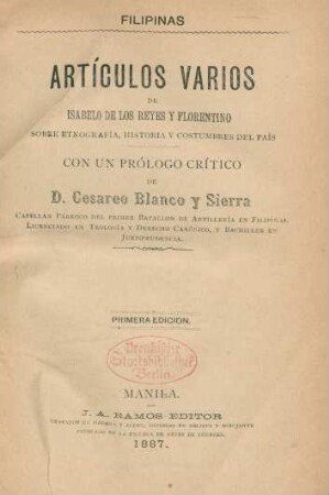 Filipinas : artículos varios sobre etnografía, historia y costumbres del país
