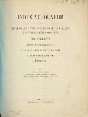 Index scholarum in Universitate Litteraria Fridericiana Halensi cum Vitebergensi Consociata ... publice privatimque habendarum. SS 1887