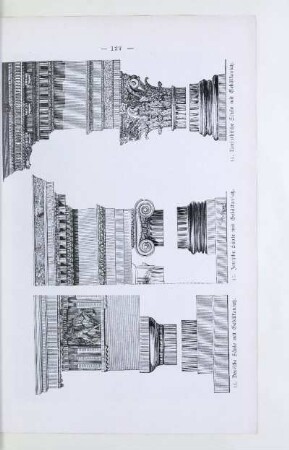 11. Dorische Säule mit Gebälkansatz. 12. Ionische Säule mit Gebälkansatz. 13. Korinthische Säule mit Gebälkansatz