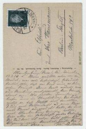 Ansichtspostkarte von Johannes Baader an Elfriede Hausmann und Vera Hausmann mit Gruß von Maria [unbekannt]. Blankenburg (Harz)