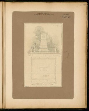Gefallenendenkmal bei Vionville Monatskonkurrenz August 1871: Grundriss, Aufriss Vorderansicht; Maßstabsleiste, Erläuterungstext