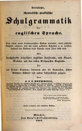 Vereinfachte, theoretisch-praktische Schulgrammatik der englischen Sprache