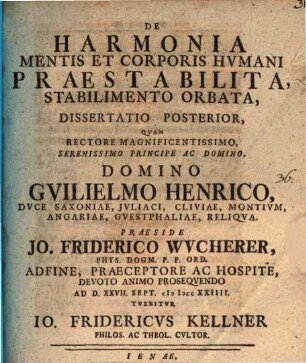 De Harmonia Mentis Et Corporis Hvmani Praestabilita, Stabilimento Orbata, Dissertatio Posterior
