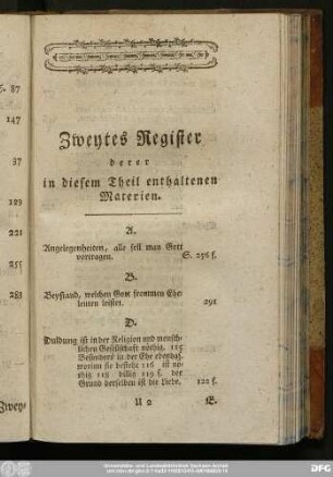 Zweytes Register derer in diesem Theil enthaltenen Materien.
