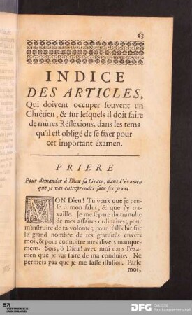 Indice Des Articles, Qui doivent occuper souvent un Chrêtien, & sur lesquels il doit faire de mûres Réfléxions...
