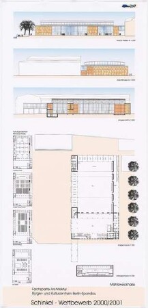Bürger- und Kulturzentrum »Spandauer Eck«, Berlin-Spandau Schinkelwettbewerb 2001: Grundrisse 1:500, 1:200, Ansichten, Schnitte 1:200