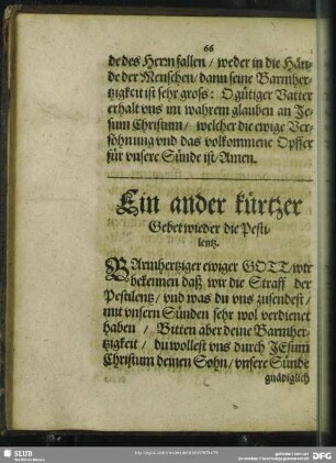 Ein ander kürtzer Gebet wieder die Pestilentz