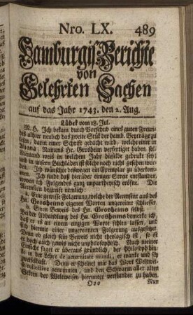 Nro. LX. auf das Jahr 1743. den 2. Aug. - Nro. LXVIII. auf das Jahr 1743. den 30. Aug.