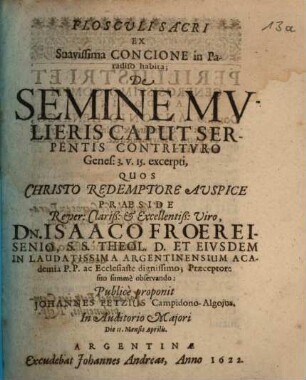 Flosculi sacri ex suavissima concione in paradiso habita, de semine mulieris caput serpentis contrituro, Genes. 3, v. 15 excerpti