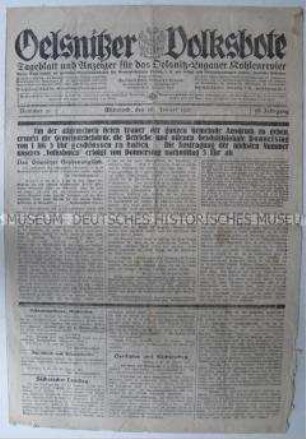 Regionale Tageszeitung "Oelsnitzer Volksbote" zum Grubenunglück in Oelsnitz am 25. Januar 1920