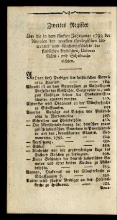 Zweites Register über die in dem fünften Jahrgange 1793 der Annalen der neuesten theologischen Litteratur und Kirchengeschichte befindlichen kirchlichen Universitäts- und Schulnachrichten