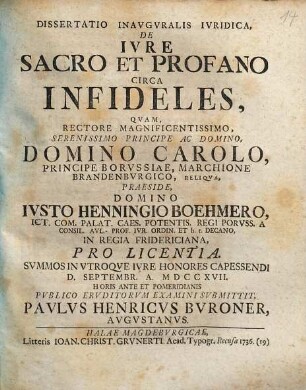 Dissertatio Inavgvralis Ivridica, De Ivre Sacro Et Profano Circa Infideles