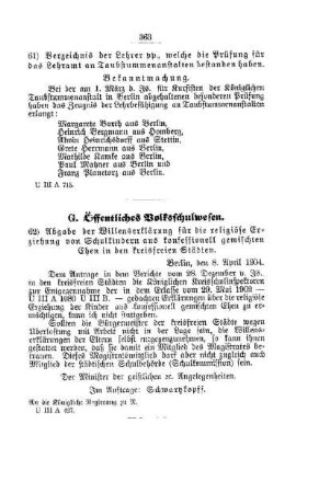 Abgabe der Willenserklärung für die religiöse Erziehung von Schulkindern aus konfessionell gemischten Ehen in den kreisfreien Städten : [G. Öffentliches Volksschulwesen]