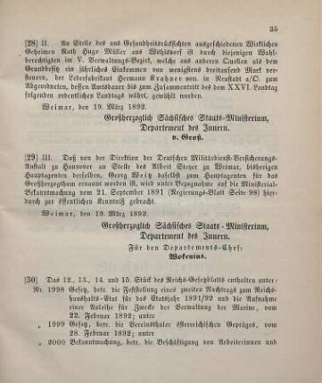 29. Ministerial-Bekanntmachung, den Wechsel in der Hauptagentur der Deutschen Militärdienst-Versicherungs-Anstalt zu Hannover betreffend