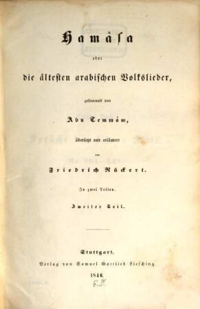 Hamâsa oder die ältesten arabischen Volkslieder, 2
