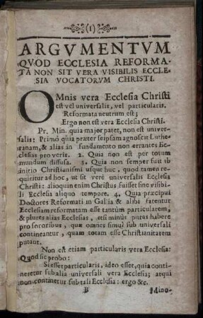 Argumentum Quod Ecclesia Reformata Non Sit Vera Visibilis Ecclesia Vocatorum Christi