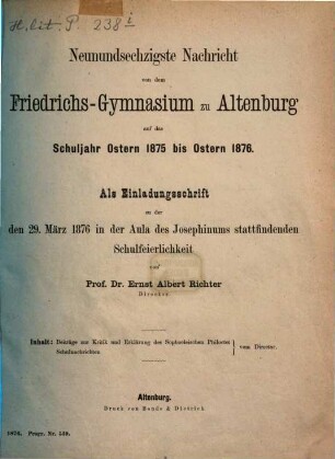 Nachricht von dem Herzoglichen Friedrichs-Gymnasium zu Altenburg : über das Schuljahr Ostern ... bis Ostern .... 1875/76