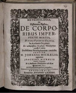 Meteorologia, Seu Disputatio Physica, De Corporibus Imperfecte Mixtis