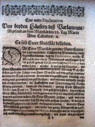 Petition des Englischen Parlaments an König Karl I. wegen der drohenden Bürgerkriegsgefahr