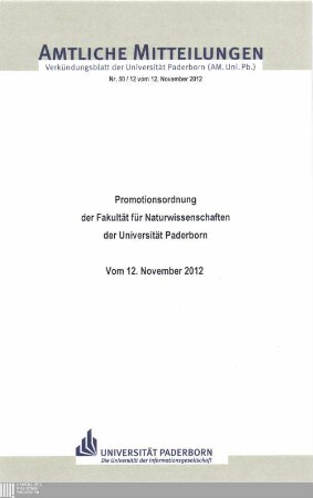 Promotionsordnung der Fakultät für Naturwissenschaften der Universität Paderborn : vom 12. November 2012