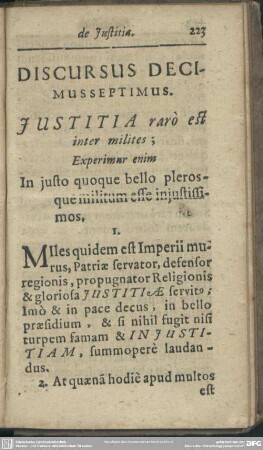 Discursus Decimus Septimus. Iustitia raro est inter milites