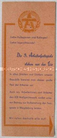 Handzettel mit dem Aufruf zur Anfertigung von künstlerischen Arbeiten für die 3. Arbeiterfestspiele