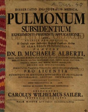 Dissertatio Inauguralis Medica, De Pulmonum Subsidentium Experimenti Prudenti Applicatione