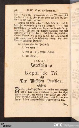Cap. XVII. Fortsetzung der Regul de Tri nebst Der Welschen Practica