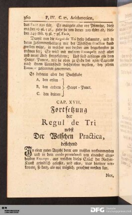 Cap. XVII. Fortsetzung der Regul de Tri nebst Der Welschen Practica
