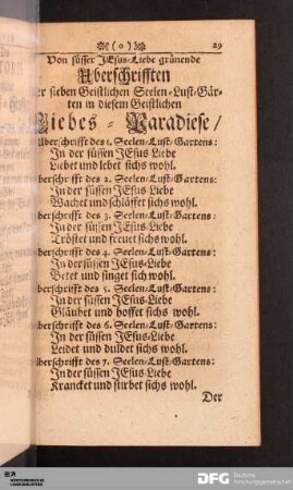 Übersicht der Überschrifften der sieben Geistlichen Seelen-Lust-Gärten.