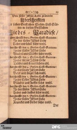 Übersicht der Überschrifften der sieben Geistlichen Seelen-Lust-Gärten.