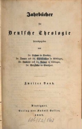 Jahrbücher für deutsche Theologie, 2. 1857