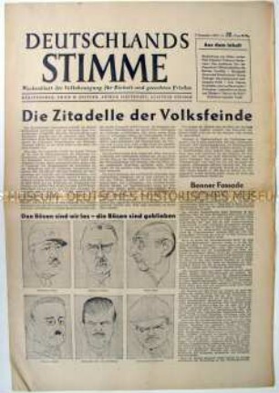 Wochenzeitung der "Volksbewegung für Einheit und gerechten Frieden" zum Umgang mit NS-Funktionsträgern in den Westzonen (Hierl, Schacht, Halder, Guderian)