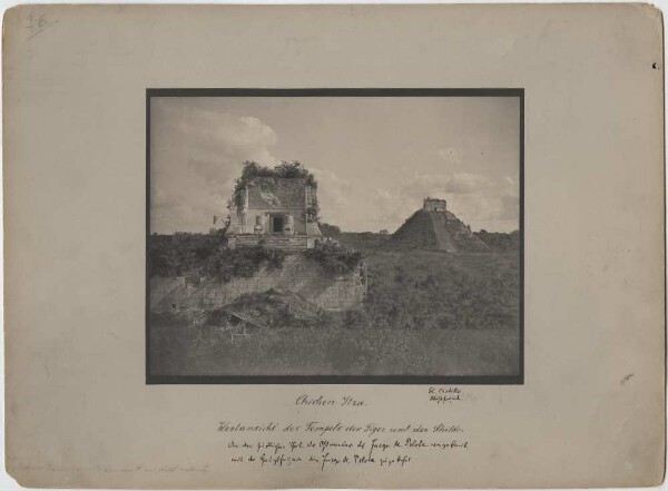 "The Jaguar temple. In the background on the right: 'El Castillo', west façade."