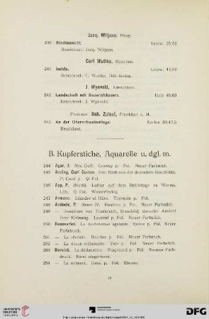 B. Kupferstiche, Aquarelle u. drgl. M. (Nr. 244-394)