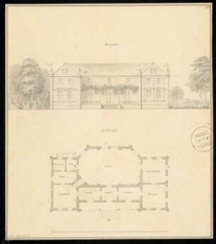 Schützenhaus Monatskonkurrenz Mai 1832: Grundriss Erdgeschoss, Aufriss Vorderansicht; Maßstabsleiste