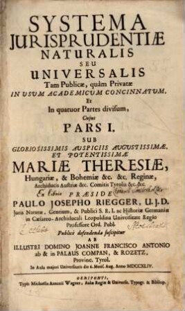 Systema iurisprudentiae naturalis seu universalis, Pars I.