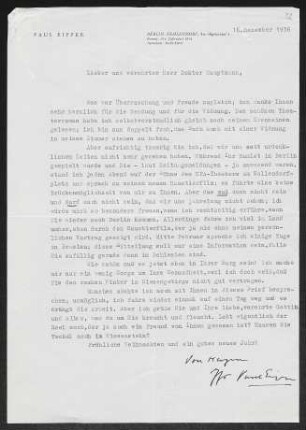 Brief von Paul Eipper an Gerhart Hauptmann