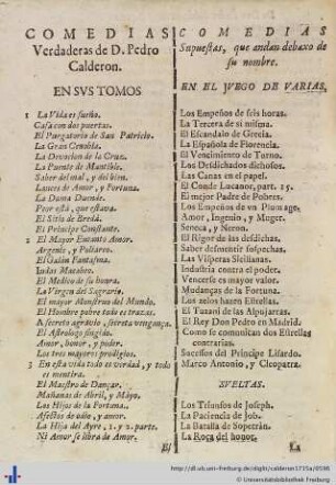 Comedias Veraderas y supuestas de D. Pedro Calderon.