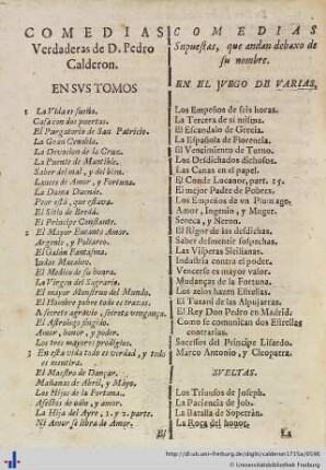 Comedias Veraderas y supuestas de D. Pedro Calderon.