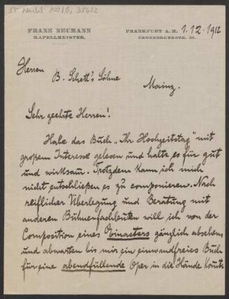 Brief an B. Schott's Söhne : 01.12.1912